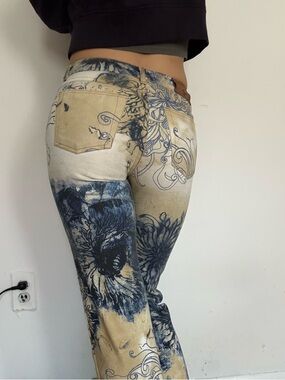 Just Cavalli Beige and Blue Floral Wide-Leg Jeans